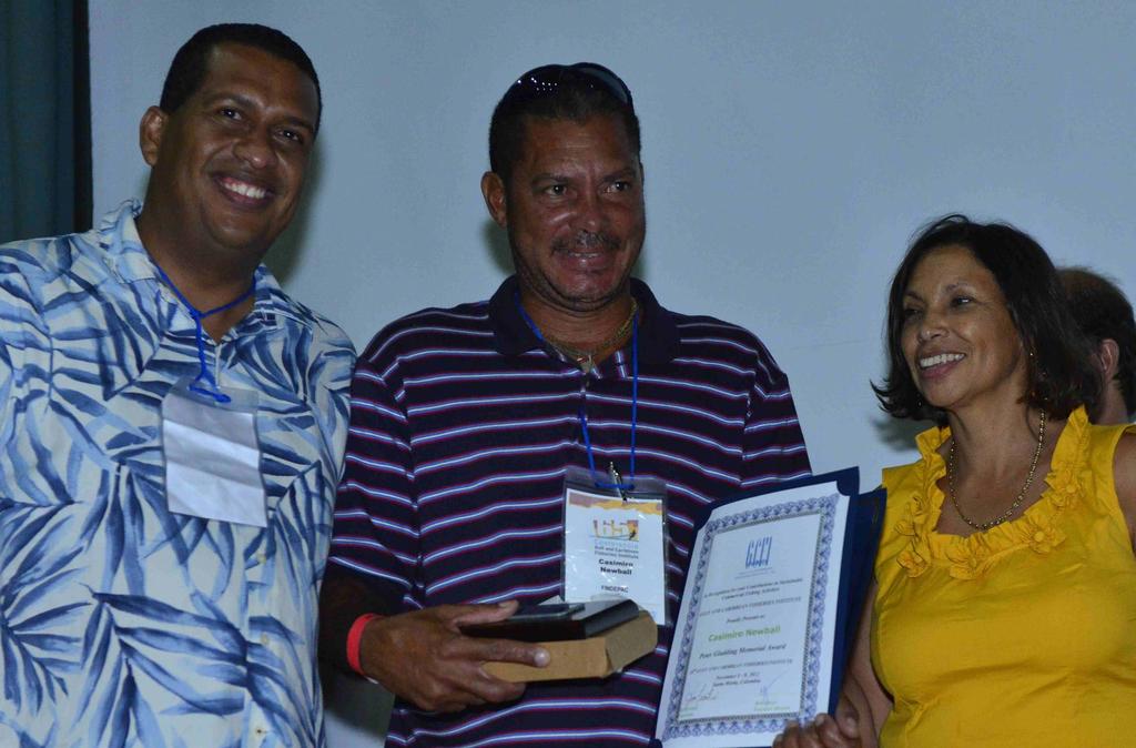 Casimiro Newball, winner of the Gladding Memorial Award at the 65th GCFI in Santa Marta, Colombia with Eric Castro and Martha Prada. Photo: R.
