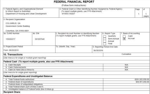 This is grantee Federal Financial report which will be submitted on a quarterly, semi-annual, or annual basis, as directed