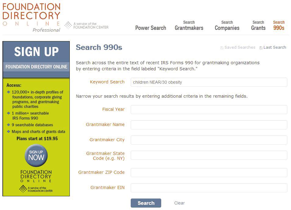 SEARCH 990 Search 990s contains recent IRS Forms 990/990-PF for all foundations and grantmaking public charities in Foundation Directory Online (over 1 million documents).