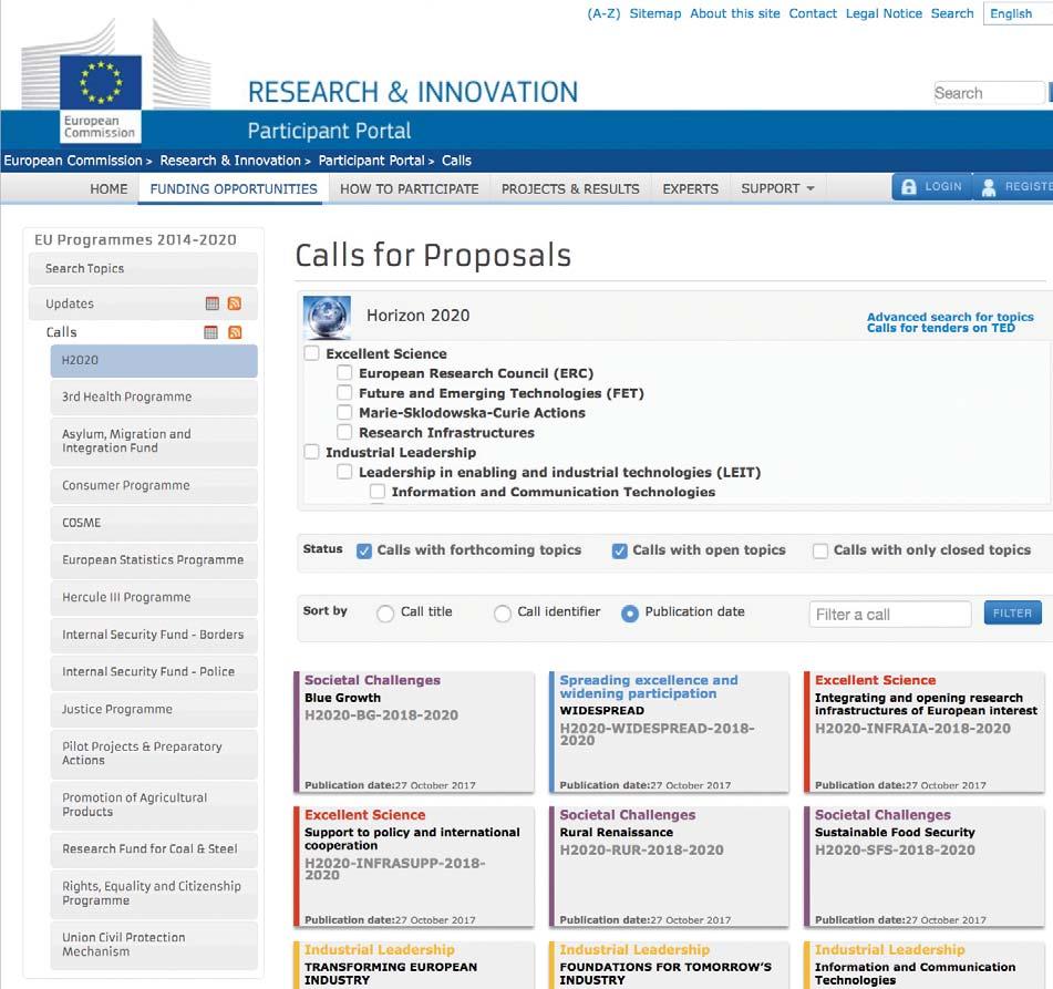 Figure 2: Participant Portal Call Search Calls are organised under the specific Pillars of H2020 and their Topics. For every call there is a deadline by which proposals must be submitted.