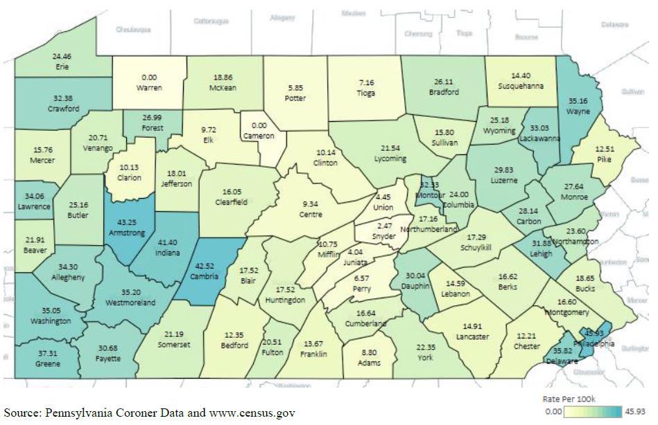 Additionally African Americans were the most common group of illicit drug-related deaths at 14 percent. The following map shows 2015 Pennsylvania county overdose death rates per 100,000.