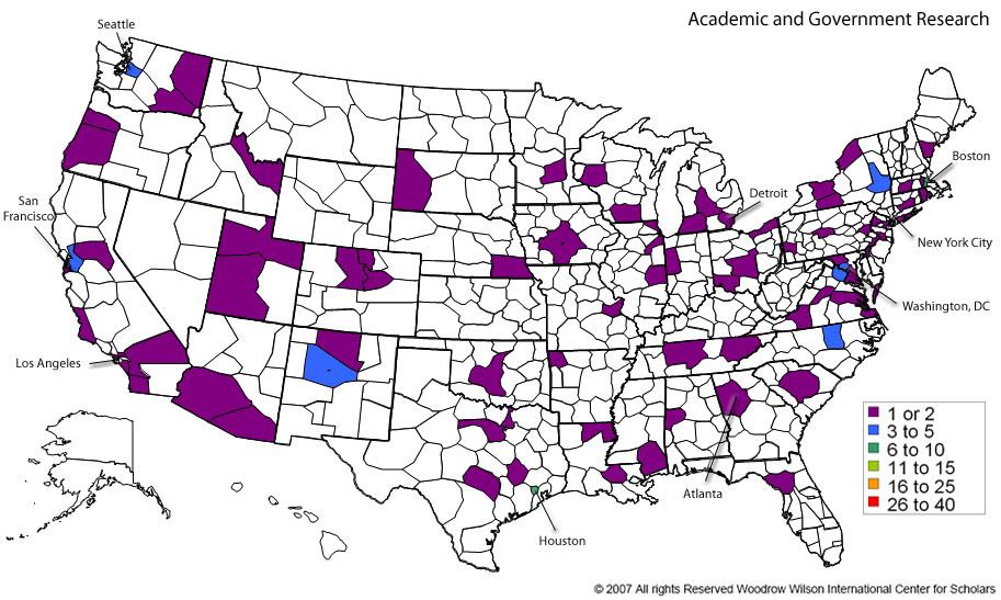 Academic and Government Research Figure VIII. Number of universities and/or government laboratories located in each 3-digit zip code Nano Metro and working in nanotechnology (138 Total).