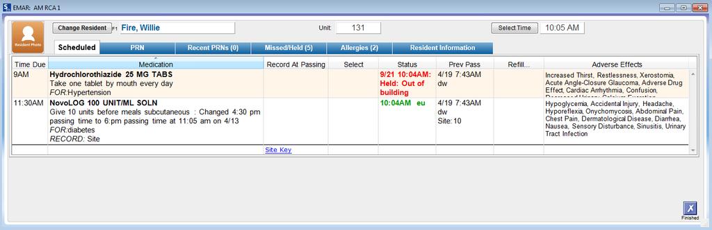 The date, time, and held reason will show in the Status column in red. There is a setup option to enable Delivery of Held Medications at a later time (page 9).