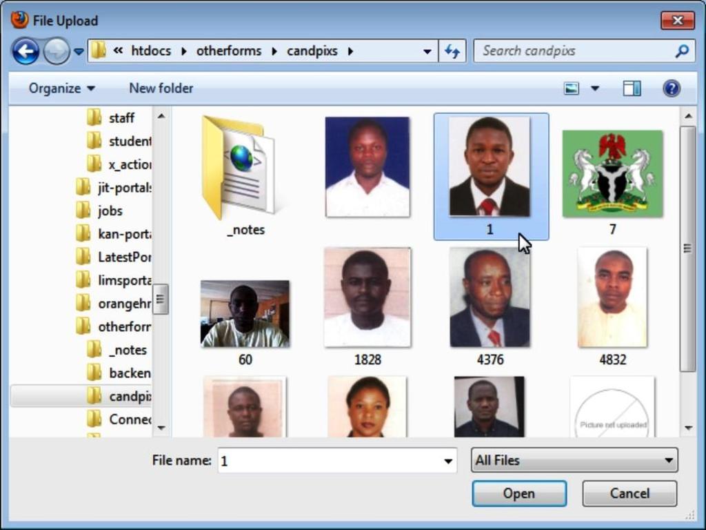 ABU Zaria: PG School Application Forms Guide 2013 Fig. 17b: Select the picture to upload and click the Open button. Fig. 17c: The file name of the selected picture appears by the Browse.