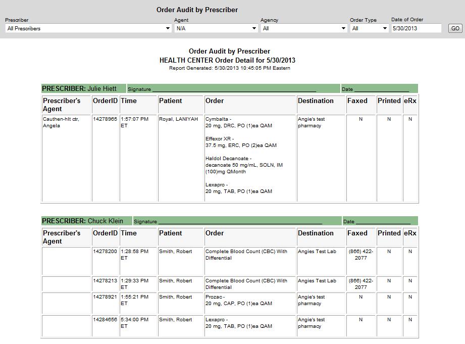 Order Audit by Prescriber This report is located in the Security section and will show details for each order attributed to a given prescriber by the system for a given day.