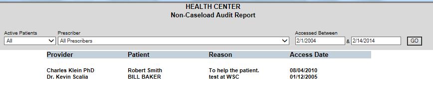 Non Caseload Audit Report The non Caseload audit report provides details regarding the Provider, Patient, Reason, and Access date for any provider that accessed a patient record that was not assigned