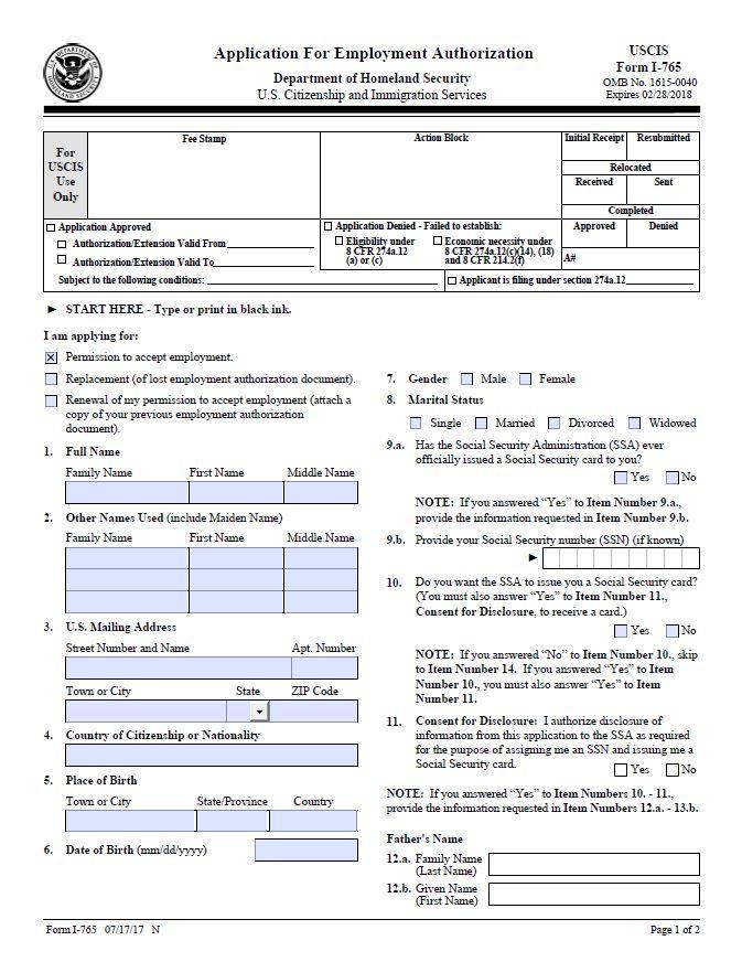 Completing the I-765 Form The I-765 Form is available through the U.S.