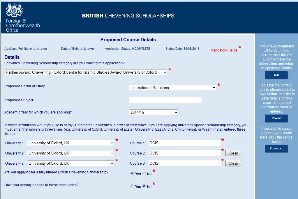 Oxford Centre for Islamic Studies Under Proposed Course Details you must select University