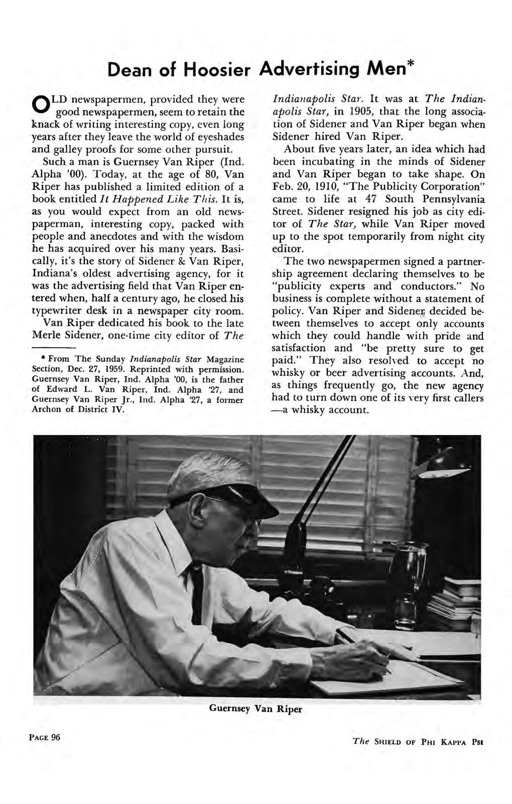 Dean of Hoosier Advertising Men' OLD newspapermen, provided they were good newspaj>ermen, seem to retain the knack of writing interesting copy, even long years after they leave the world of eyeshades