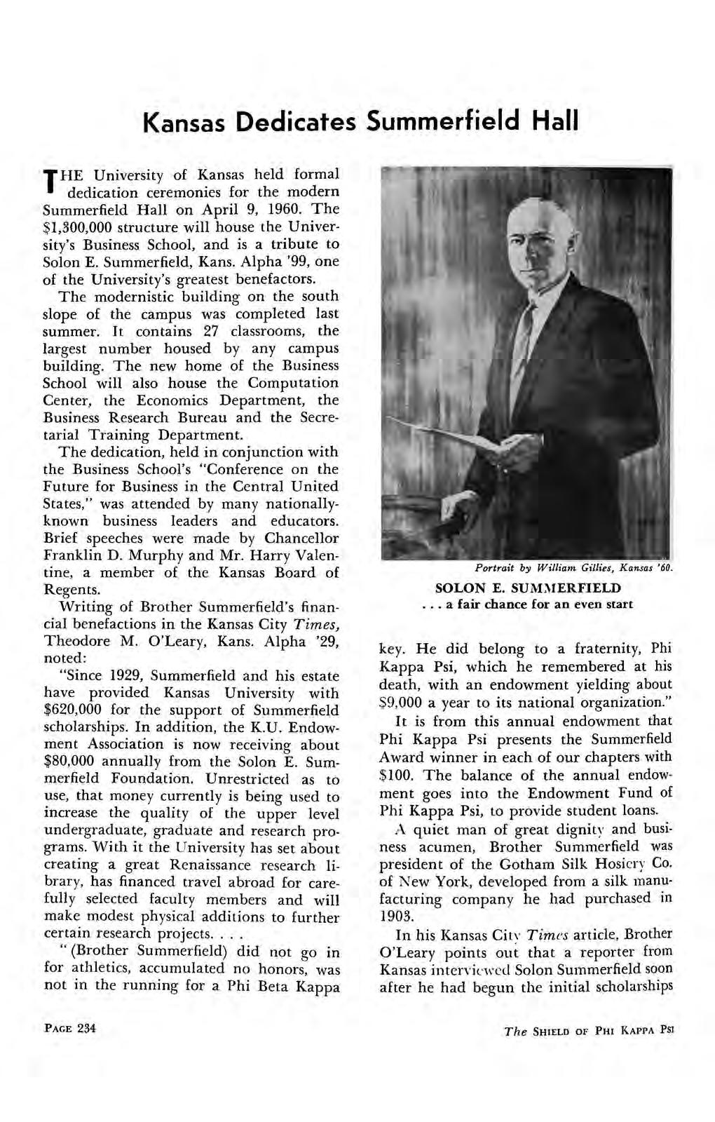 Kansas Dedicates Summerfield Hall THE University of Kansas held formal ' dedication ceremonies for the modern Summerfield Hall on April 9, 1960.