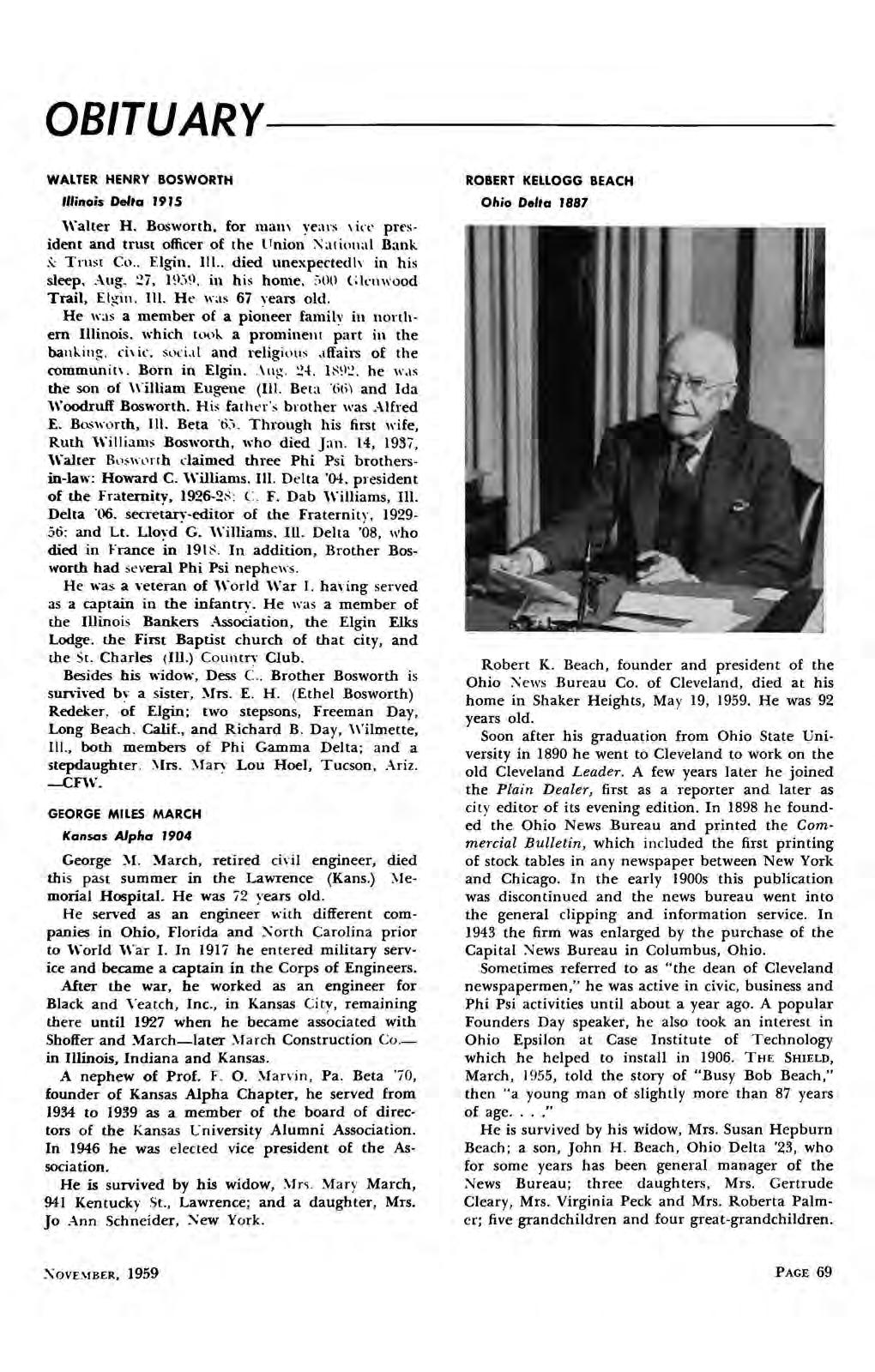 OBITUARY WALTER HENRY BOSWORTH Winois Delta 191S Walter H. Bosworth, for manv years vice president and trust officer of the I'nion National Bank.-v: Trust Co.. Elgin, III.