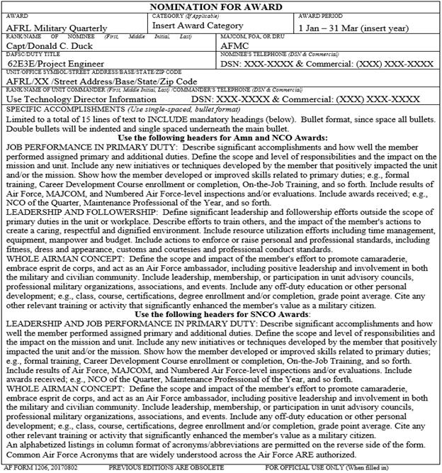 AFRLI36-2801 15 NOVEMBER 2017 41 Attachment 8 EXAMPLE ENLISTED MILITARY QUARTERLY