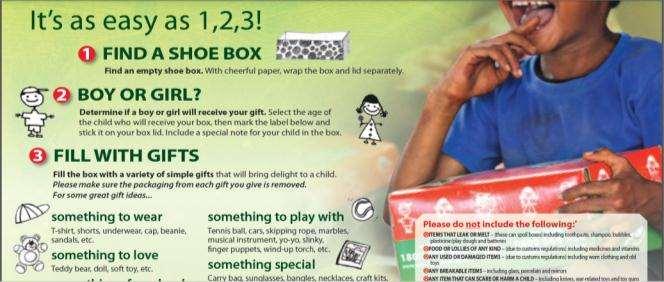 You can pack a shoe box yourself or donate an item to help fill one.