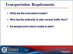 Transportation Requirements Visual 4.12 Transportation Requirements Here are several questions that must be answered by planners. What are the evacuation routes?
