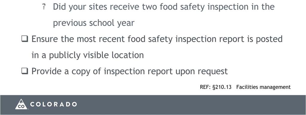 210.13 Facilities management. (b) Food safety inspections.