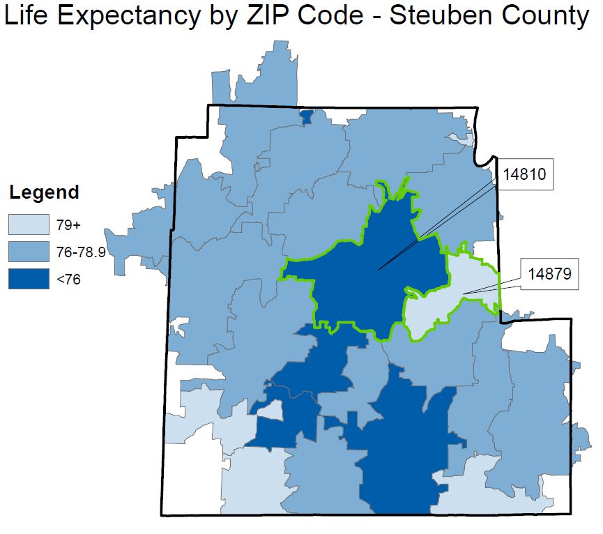 Life Expectancy Although average life expectancy in Steuben County is 77.5 years, how long residents live on average varies by more than 4 years depending on their ZIP code.