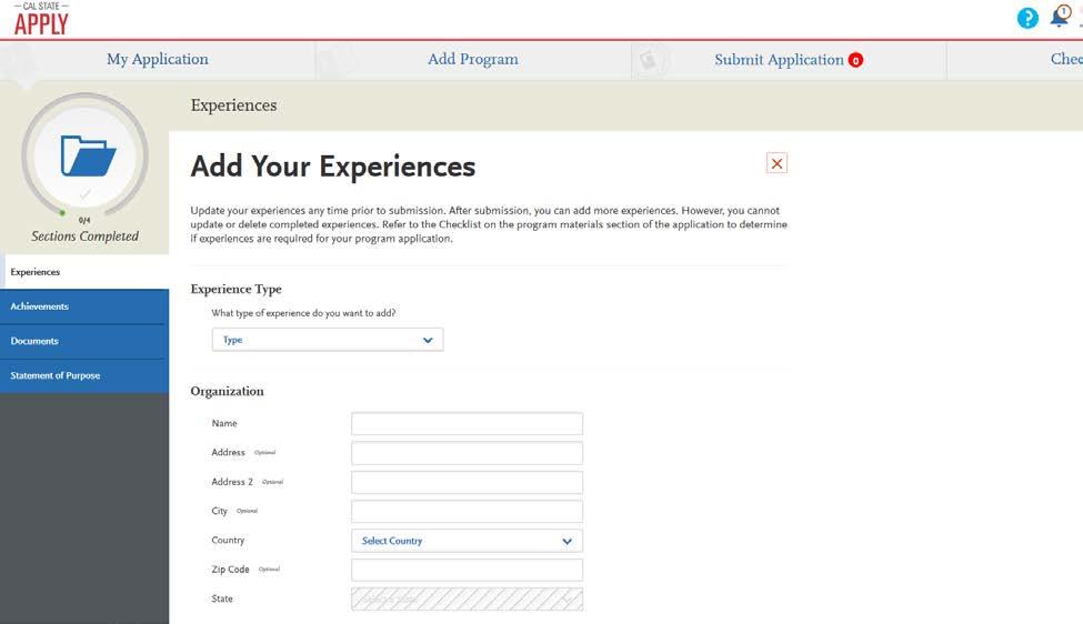 If you choose to submit experience, your page should look like the following.