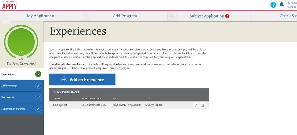 page will look similar to this after submitting work experience.