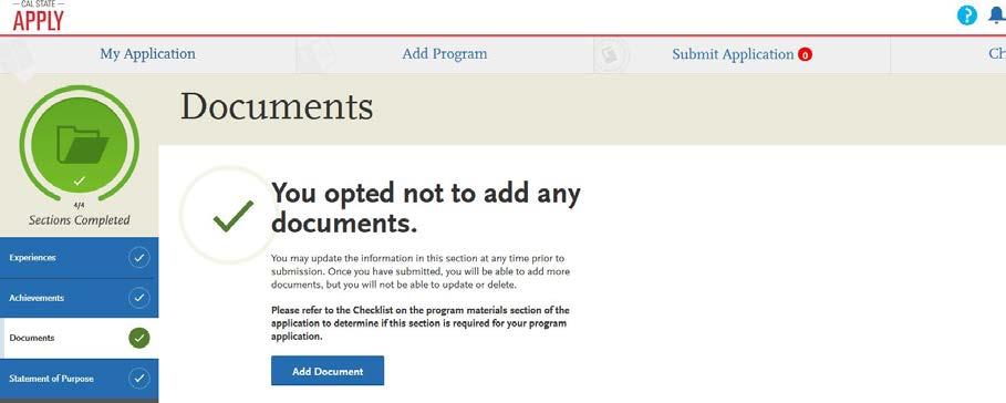 following page, indicating that you decided not to add any documents Click Statement of Purpose