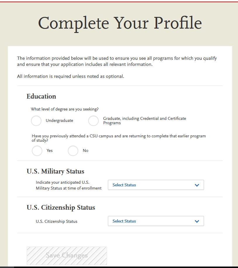 5. Continue to complete your CAL STATE APPLY online profile by filling out the fields appropriately.