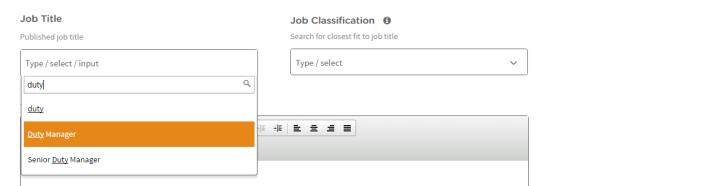 The Create Job Posting page is displayed with the Job Description tab selected by default. Create Job Posting from Job Classification 3. Job Title Enter a partial job title.