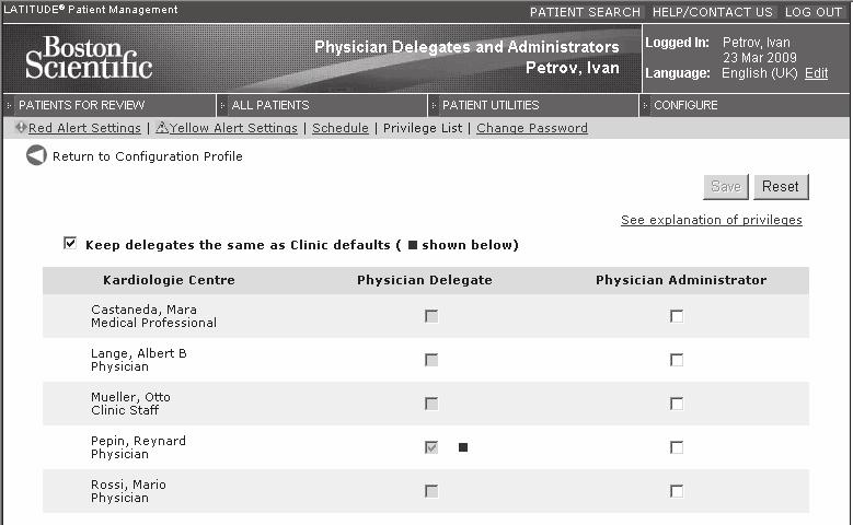 Figure 14. Physician Delegates and Administrators List To select delegates and administrators on either Clinic or Physician Member pages: 1. Select the check box for the desired user(s).
