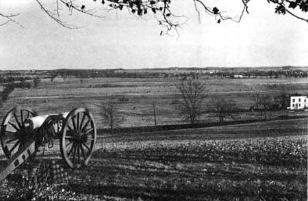 Scene north of Gettysburg from Oak Ridge. The Federal position may he seen near the edge of the open fields in the middle distance.