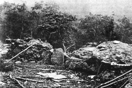 Interior of breastworks on Little Round Top. Brady photograph.