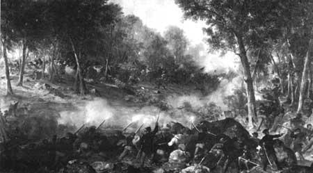 Repulse of General Johnson's Confederates near Spangler's Spring on July 3, by Peter F. Rothermel. Courtesy Pennsylvania Historical and Museum Commission.