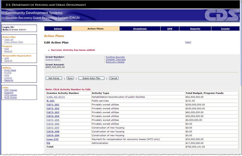 Figure 27: Edit Action Plan screen with Success: Activity has been added message 13. The <Edit Previous Screen> button returns you to Add Activity Page 2 screen where you can complete any edits.