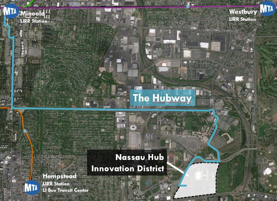 The lack of robust transit, wide roadways, and auto-oriented planning results in poor connectivity in the Nassau Hub area.
