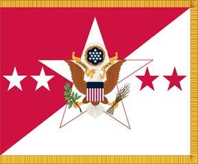 in proper colors, is centered on the flag. Four five-pointed stars are horizontally centered on the flag, two on each side of the insignia.