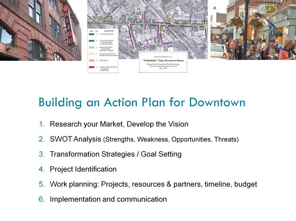 22 The structure of the Main Street Four Point Approach addresses Restoring the Value of Downtown. Begins with basic Strategic Planning for Downtown.