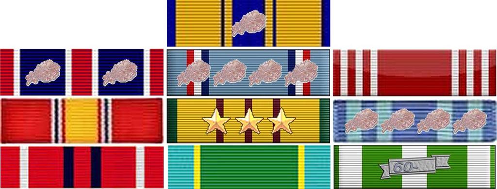 Air Force Commendation Medal w/1 Oak Leaf Cluster Air Force Outstanding Unit Award w/2 Oak Leaf Clusters Air Force Good Conduct Medal w/4 Oak Leaf Clusters Army Good Conduct Medal National Defense