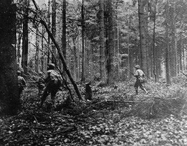 Soldiers of Company E, 110 th Infantry, 28 th Infantry Division, move through the Huertgen Forest south of Germeter during the initial attack towards Vossenack on the morning of 2 November 1944.