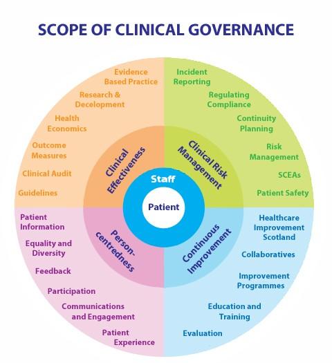 The scope of Clinical Governance Clinical Risk Management Clinical Effectiveness Person-Centredness Continuous Improvement Staff Focus The strategy describes the systems, escalation processes and