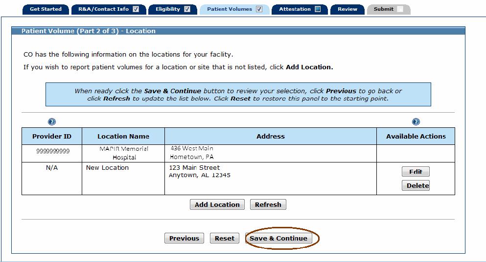 MAPIR User Guide for Eligible Hospitals This screen shows one location on file and one added location.