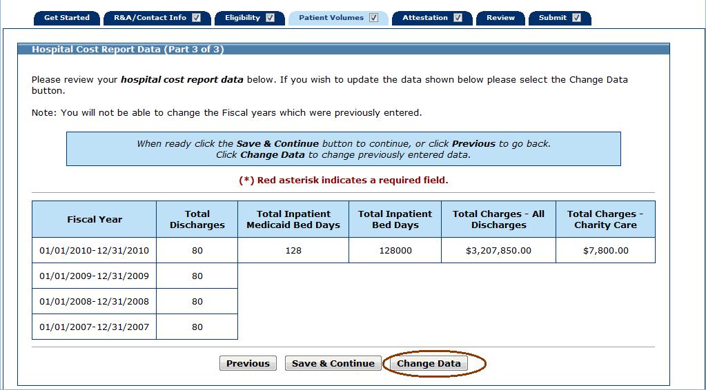 MAPIR User Guide for Eligible Hospitals Change Hospital Cost Report Data Step 4 Patient Volumes When you have applied since the start of the program in the same state and your payment year is 2 or