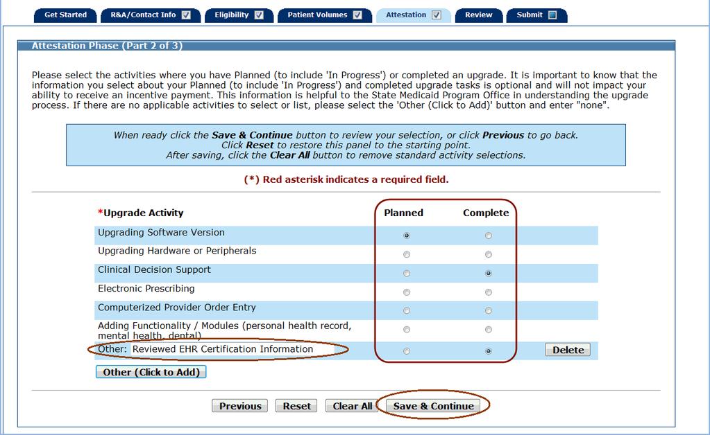 MAPIR User Guide for Eligible Hospitals Upgrade Phase (Part 2 of 3) This screen shows an example of entering activities other than what was in the Upgrade Activity listing.