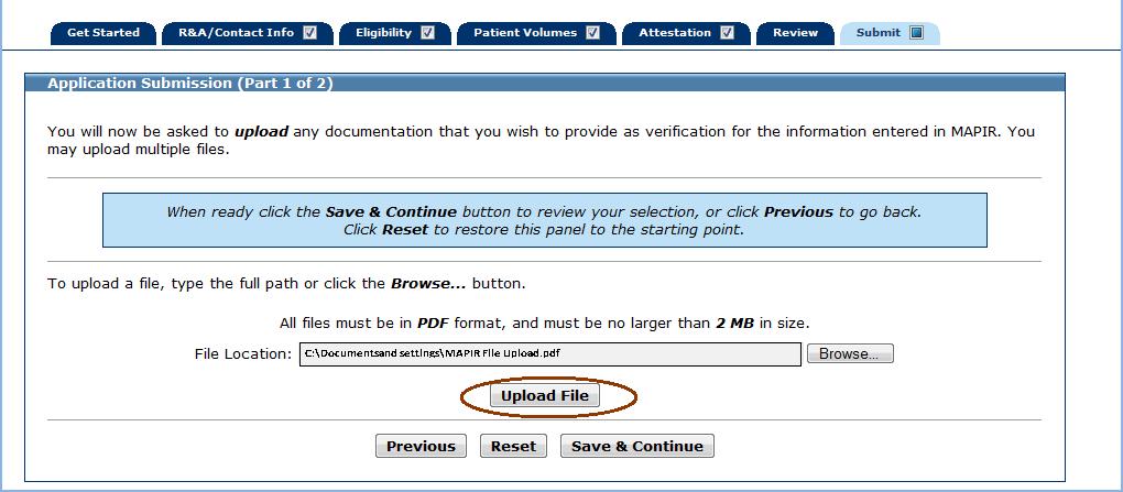 Step 7 Submit Your Application MAPIR User Guide for Eligible Hospitals Check the file name