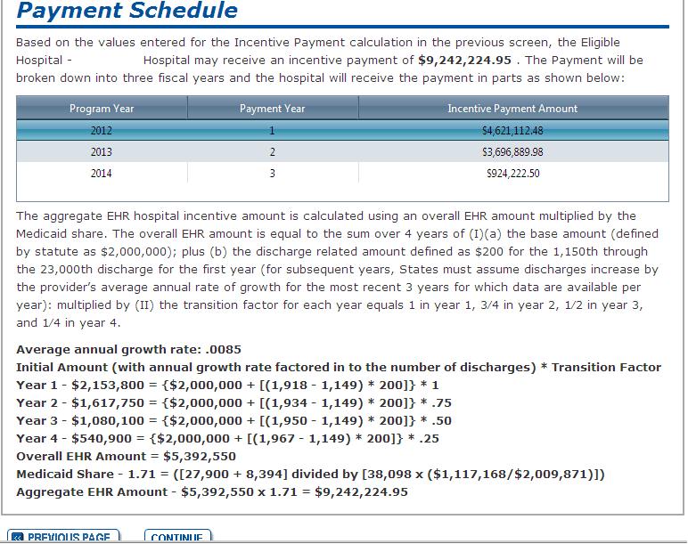 8.4.2 Attestation Payment Schedule The payment amount was calculated during the eligible hospital s year 1 attestation. The Payment Schedule page displays the amount that was calculated at that time.