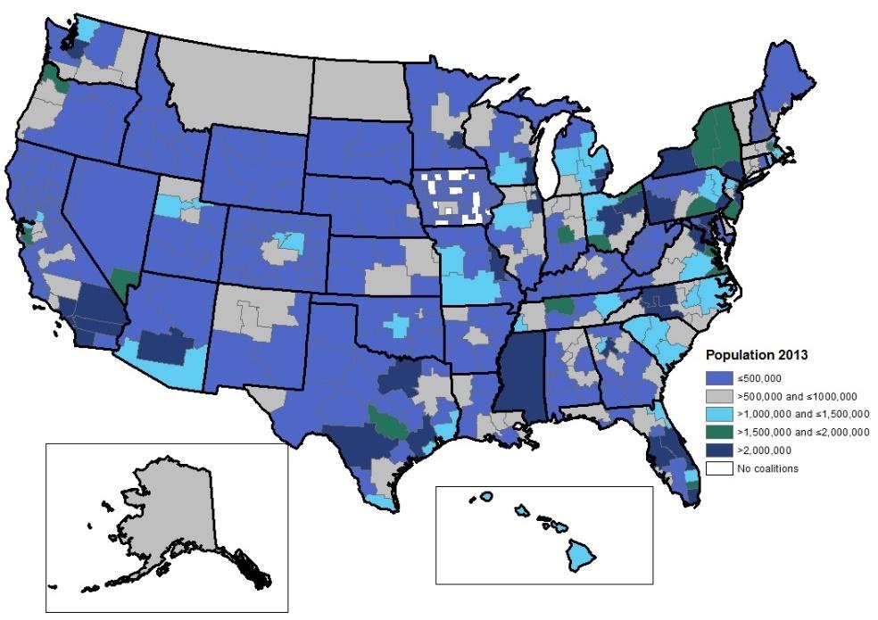 Geographic Distribution and Population Coverage of HCCs in the U.S. Currently there are 476 HCCs nationwide, ranging from 1 to 60 per jurisdiction.