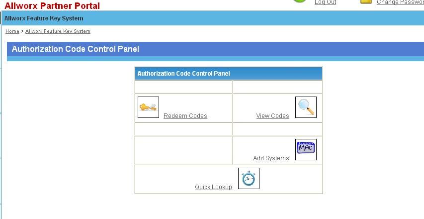 Click the Feature Key System button. This will display the Authorization Code Control Panel.