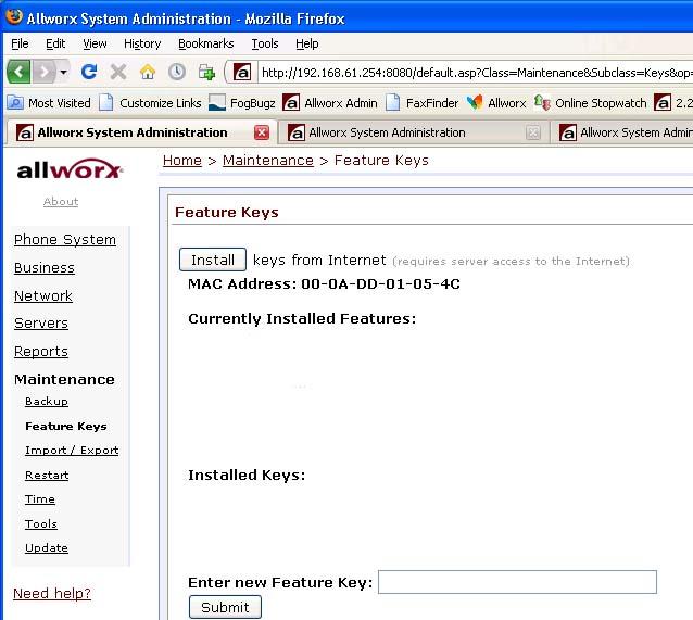 The keys can be entered into the Feature Key page on the Allworx system s Administration web page.