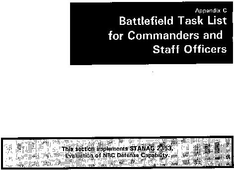 FM 3-100 Appendix C - Battle Task List for Commanders and Staff Officers The following task list is designed to give the reader an indication of nuclear and chemical tasks that are performed by