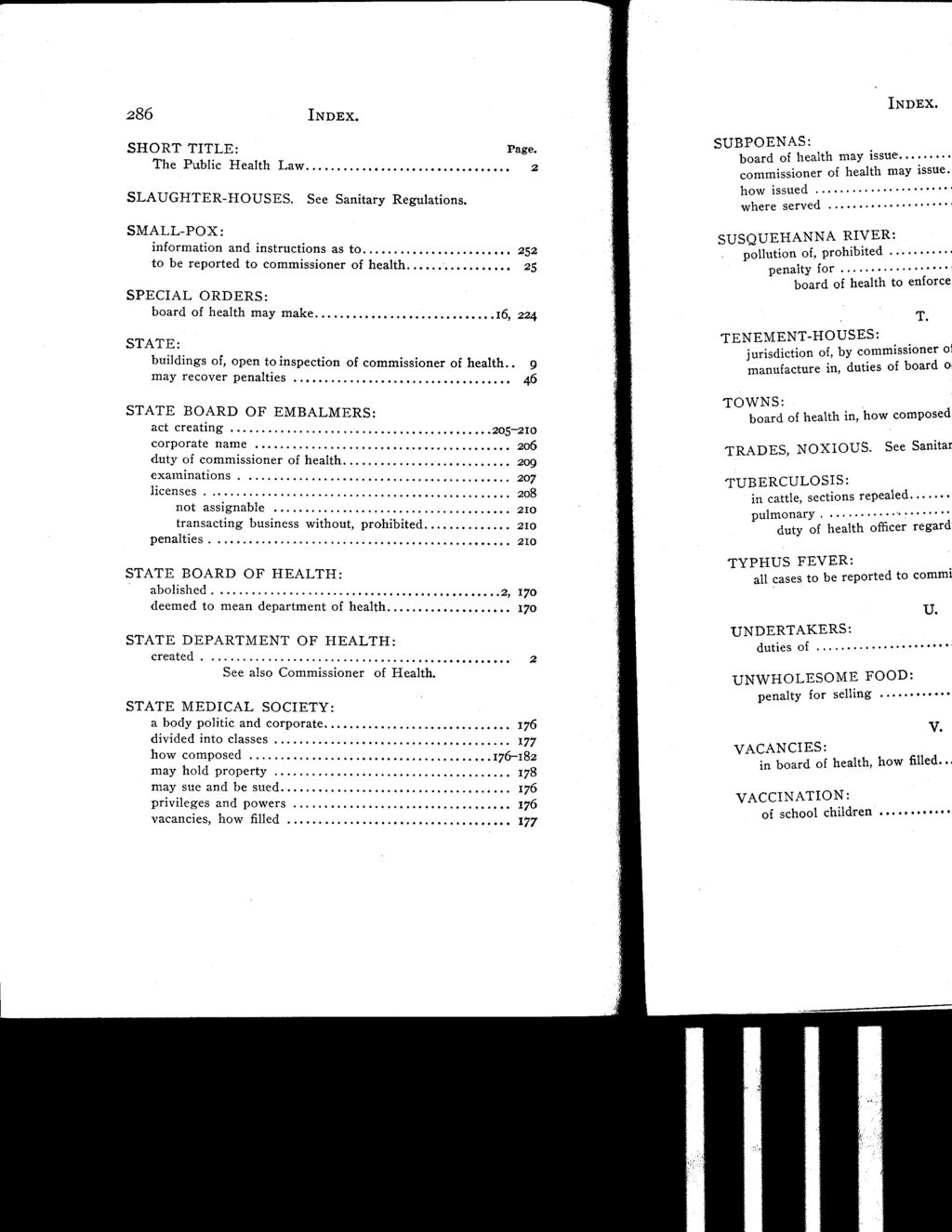 286 INDEX. SHORT TITLE : Page. The Public Health Law 2 SLAUGHTER-HOUSES. See Sanitary Regulations.
