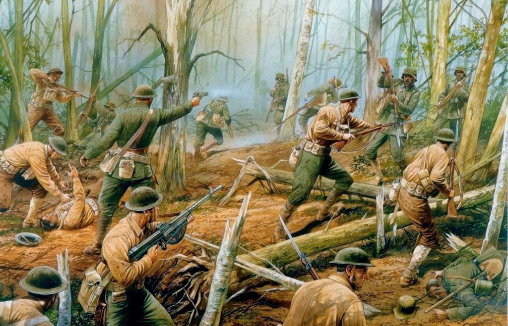 World War I 1,200 Germans well-fortified in 1 sq mile of woods 6 June: Marines stall German offensive & counterattack up hill to direct