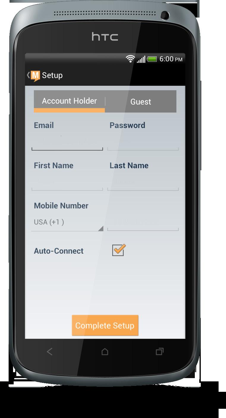 GETTING STARTED SETUP The first step is to set up the app with your account info. On the Setup screen, select Account Holder if you have a GlobalMeet account, or select Guest if you do not.