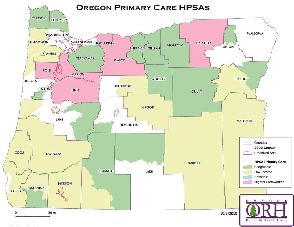 Figure 2: Oregon Primary Care Health Professional Shortage Areas source: hpsafind.hrsa.gov To learn more about HPSAs please visit http://bhpr.hrsa.gov/shortage/hpsadesignation.htm.