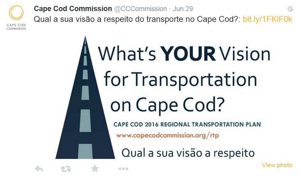 SOCIAL MEDIA OUTREACH The social media outreach effort includes communications across multiple Cape Cod Commission platforms for notices and announcements about upcoming meetings and documents